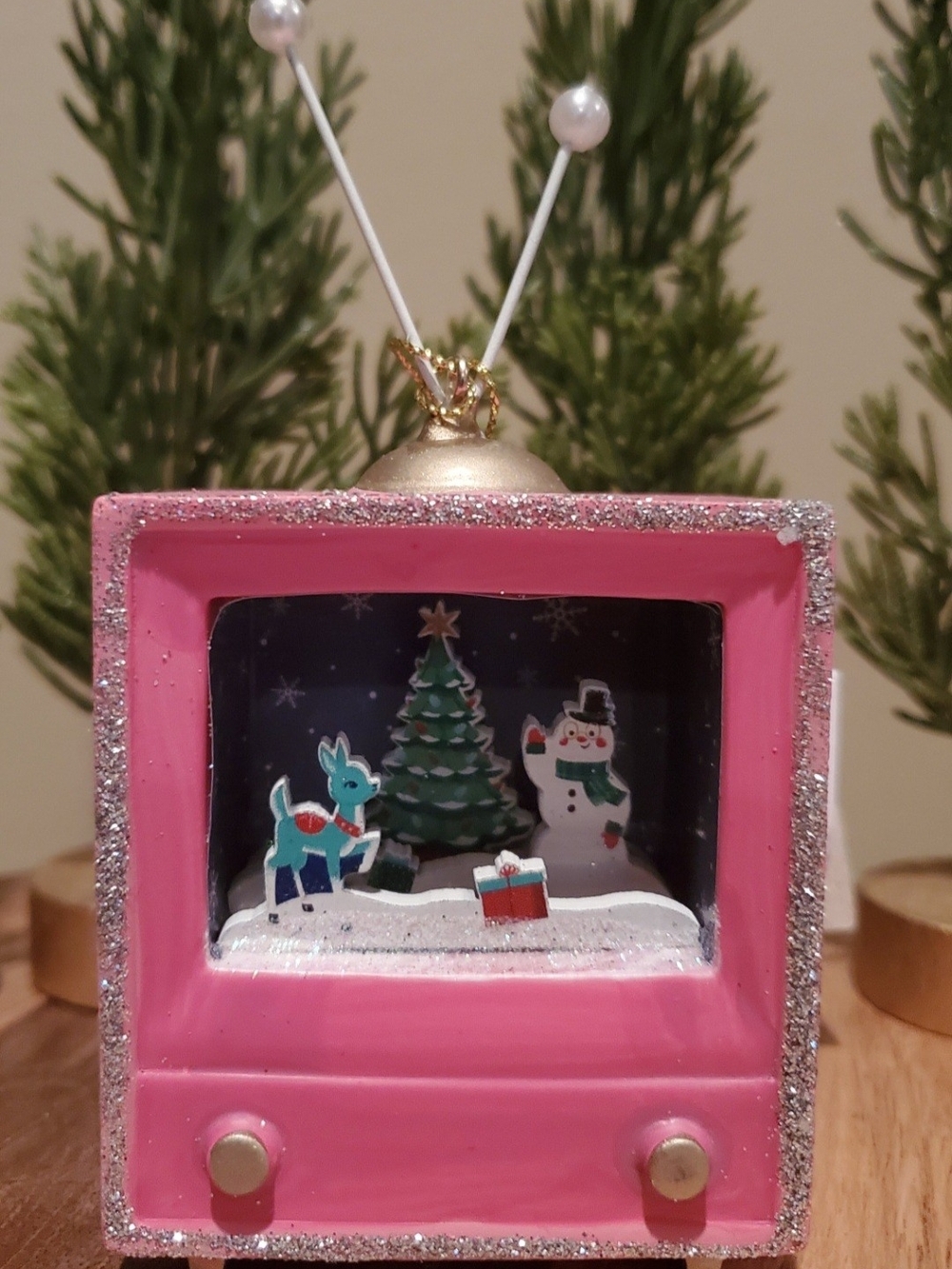 Target Pink Glitter Holiday TV Ornament with Snowman & Reindeer Scene